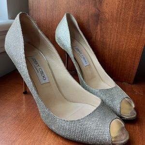 Jimmy Choo Gold Sparkly Peep Toe Pumps